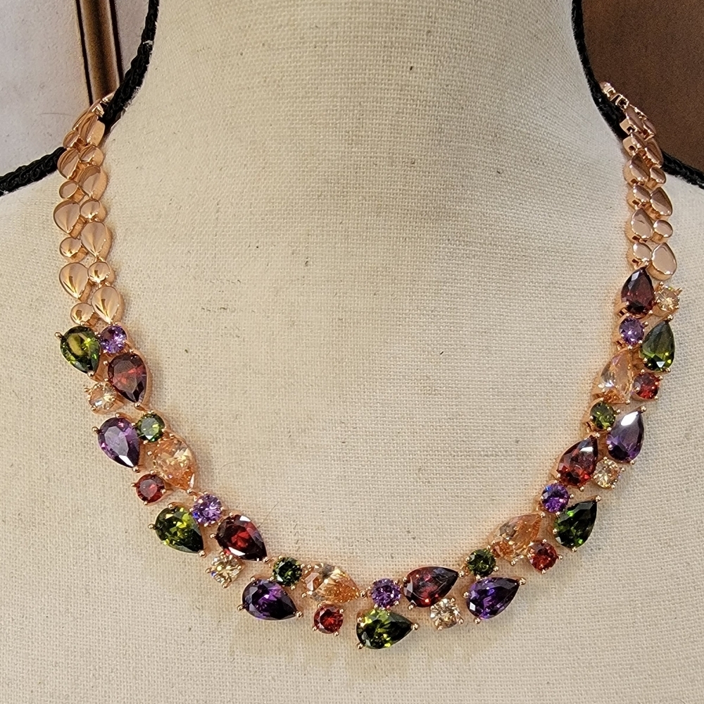 925 Sterling Silver Rose Gold Tone Multicolor Stone Statement Necklace